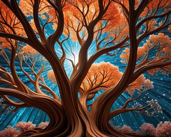 Majestic Tree with Autumn Leaves and Blue Light