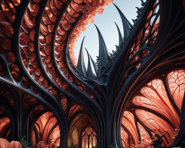 Surreal Interior with Organic Shapes and Floral Elements