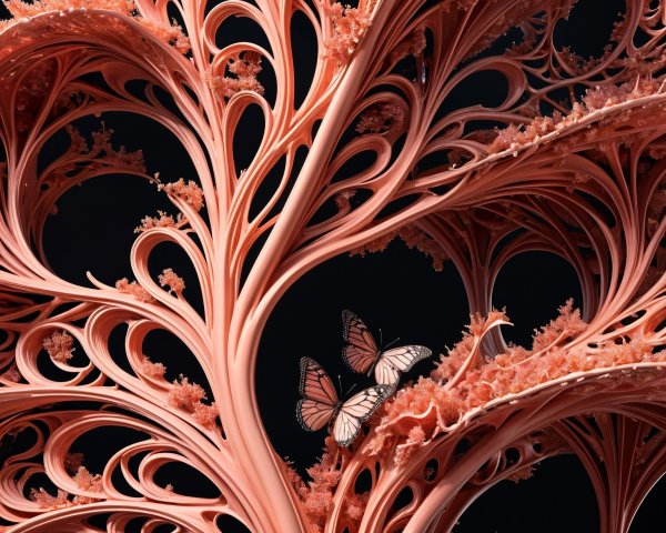 Surreal Coral-like Structure with Butterflies on Black