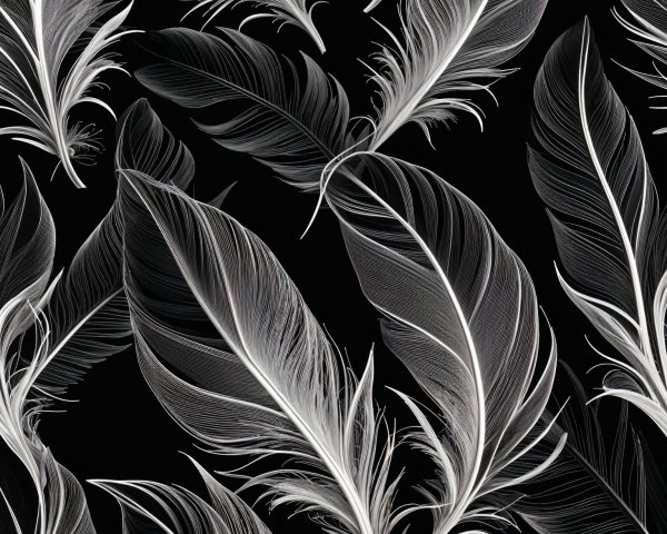 Delicate White and Gray Feathers on Black Background