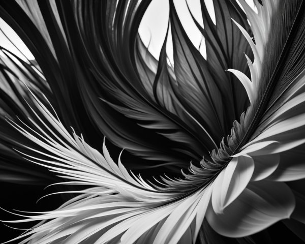 Stylized Black and White Swirl of Elongated Leaves