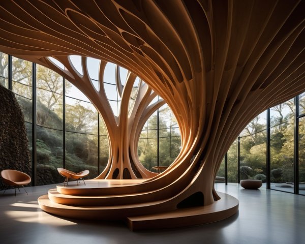 Innovative Interior Design with Wooden Sculptures and Light
