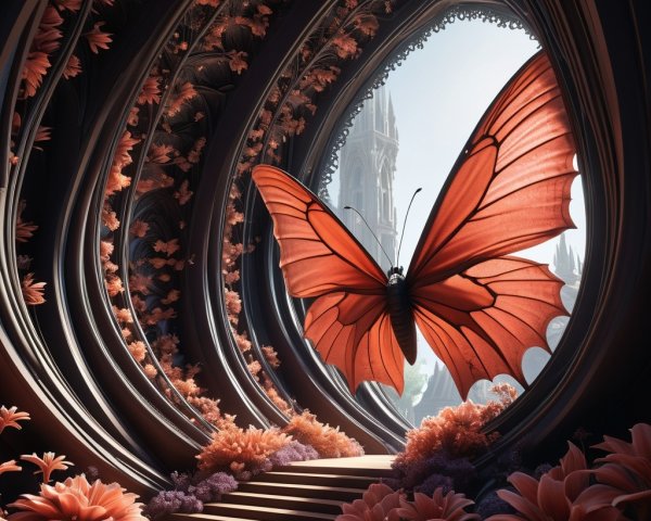 Red Butterfly in Ornate Archway with Floral Designs