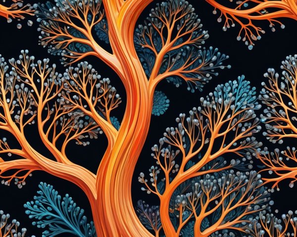 Illustration of Intertwining Trees with Vibrant Colors