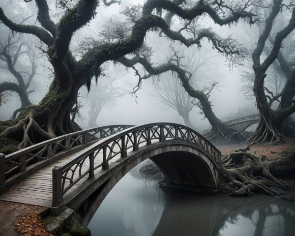 Mist-Covered Landscape with Arched Bridge and Gnarled Trees