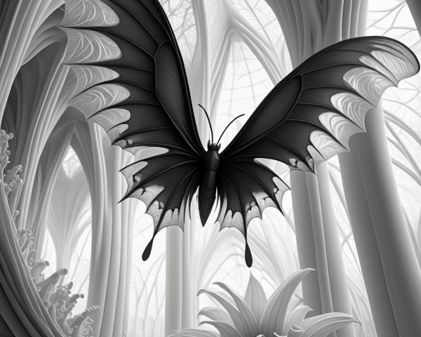 Black Butterfly in Surreal Monochromatic Landscape