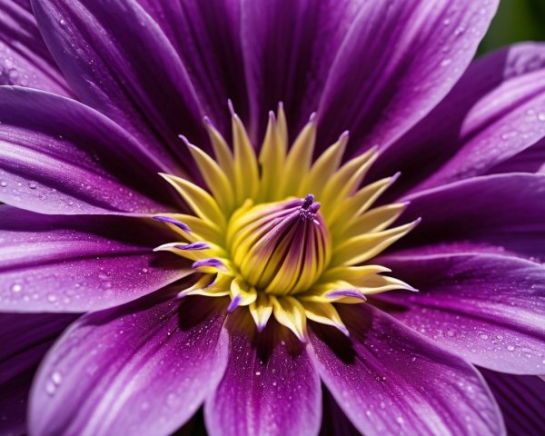 Vibrant Purple Flower with Golden Center and Raindrops