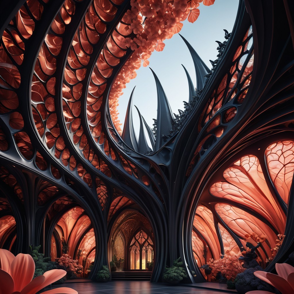 Surreal Interior with Organic Shapes and Floral Elements