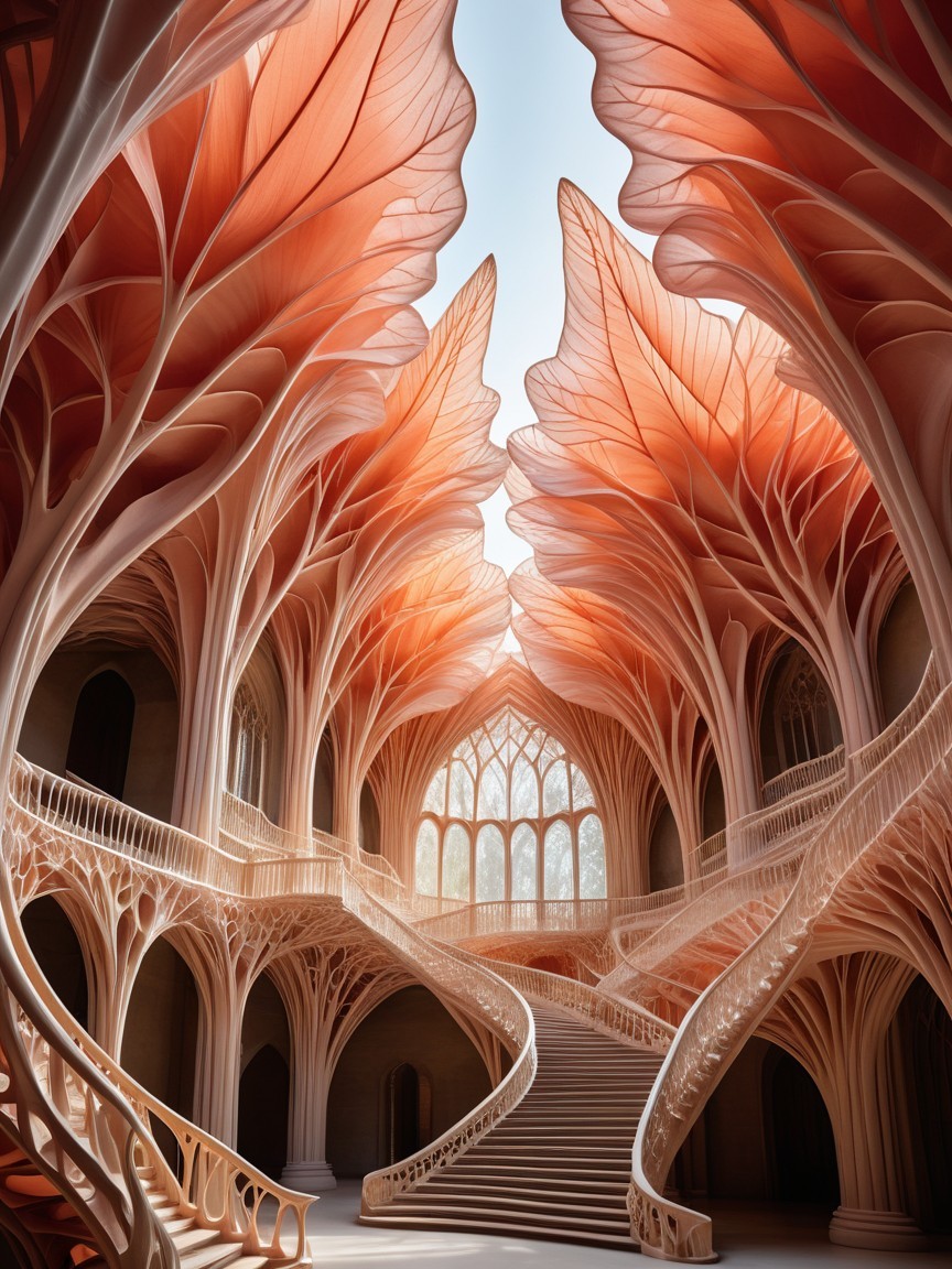 Otherworldly Interior with Flowing Leaf-Like Structures