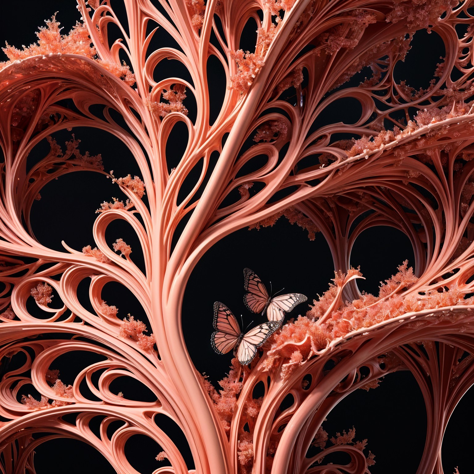 Surreal Coral-like Structure with Butterflies on Black