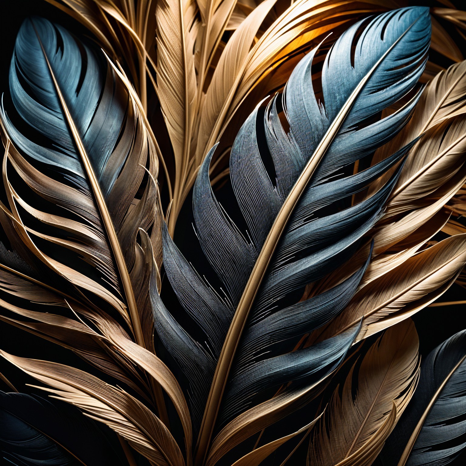 Intricate Blue and Gold Leaf Arrangement on Dark Background