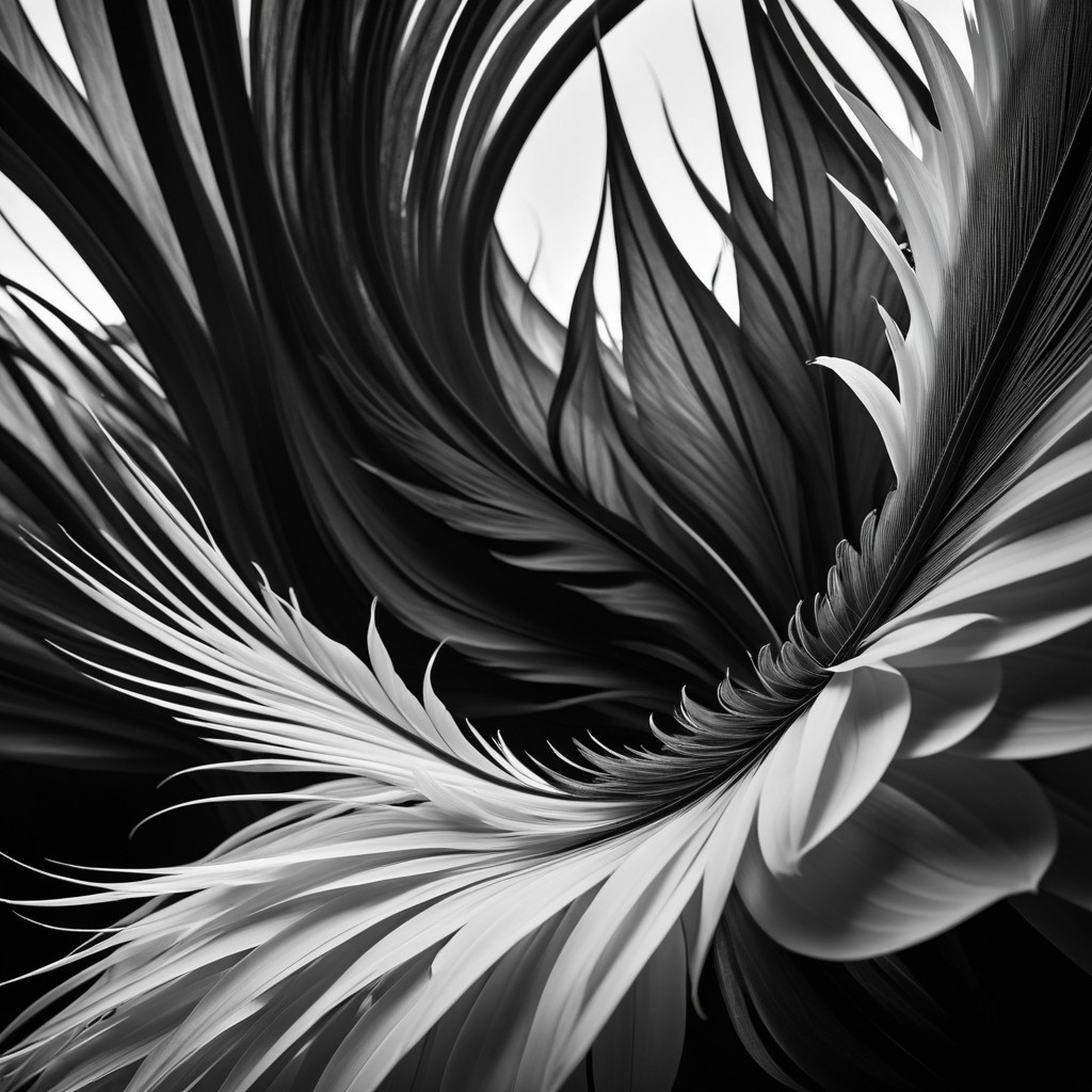 Stylized Black and White Swirl of Elongated Leaves