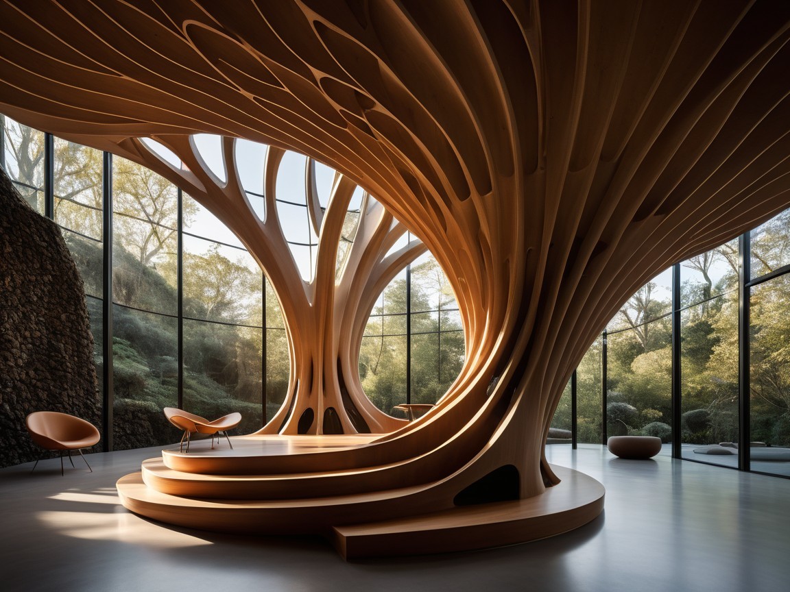 Innovative Interior Design with Wooden Sculptures and Light