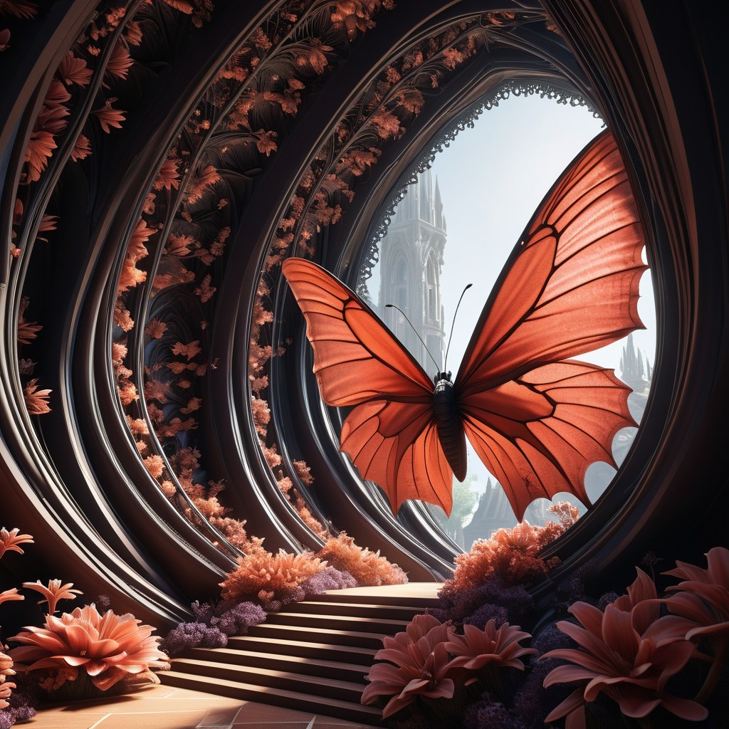 Red Butterfly in Ornate Archway with Floral Designs