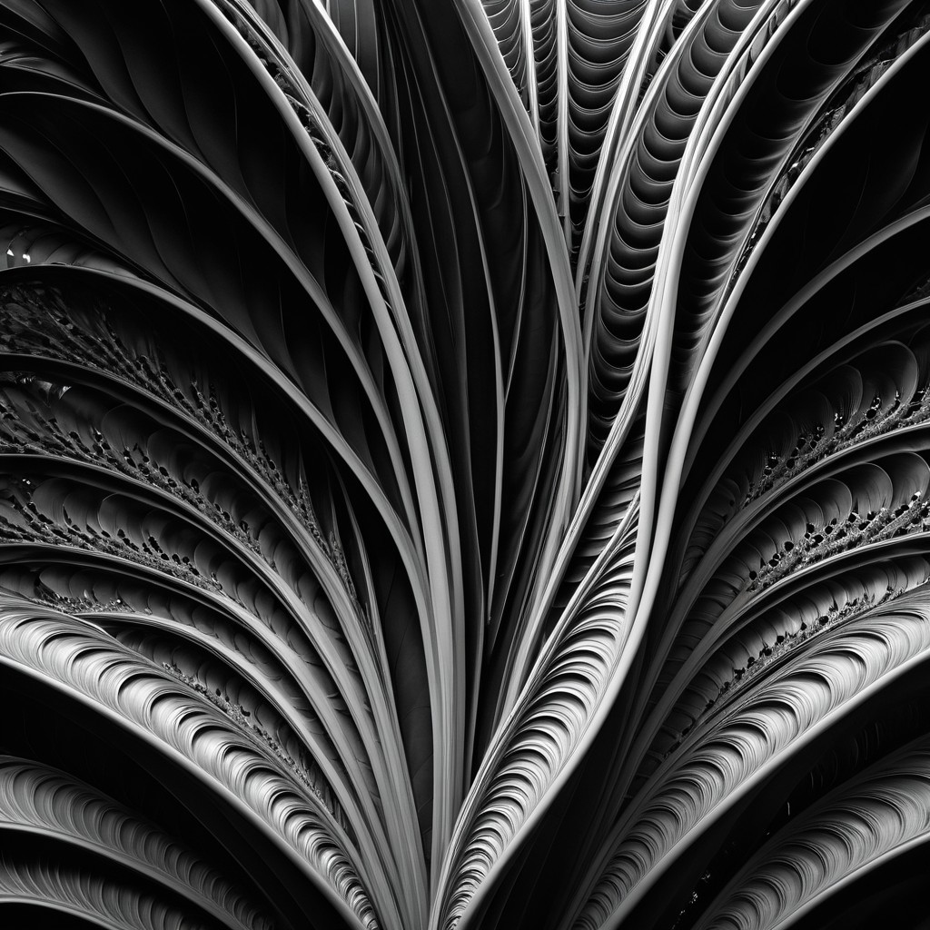 Intricate Black and White Flowing Leaf-Like Design