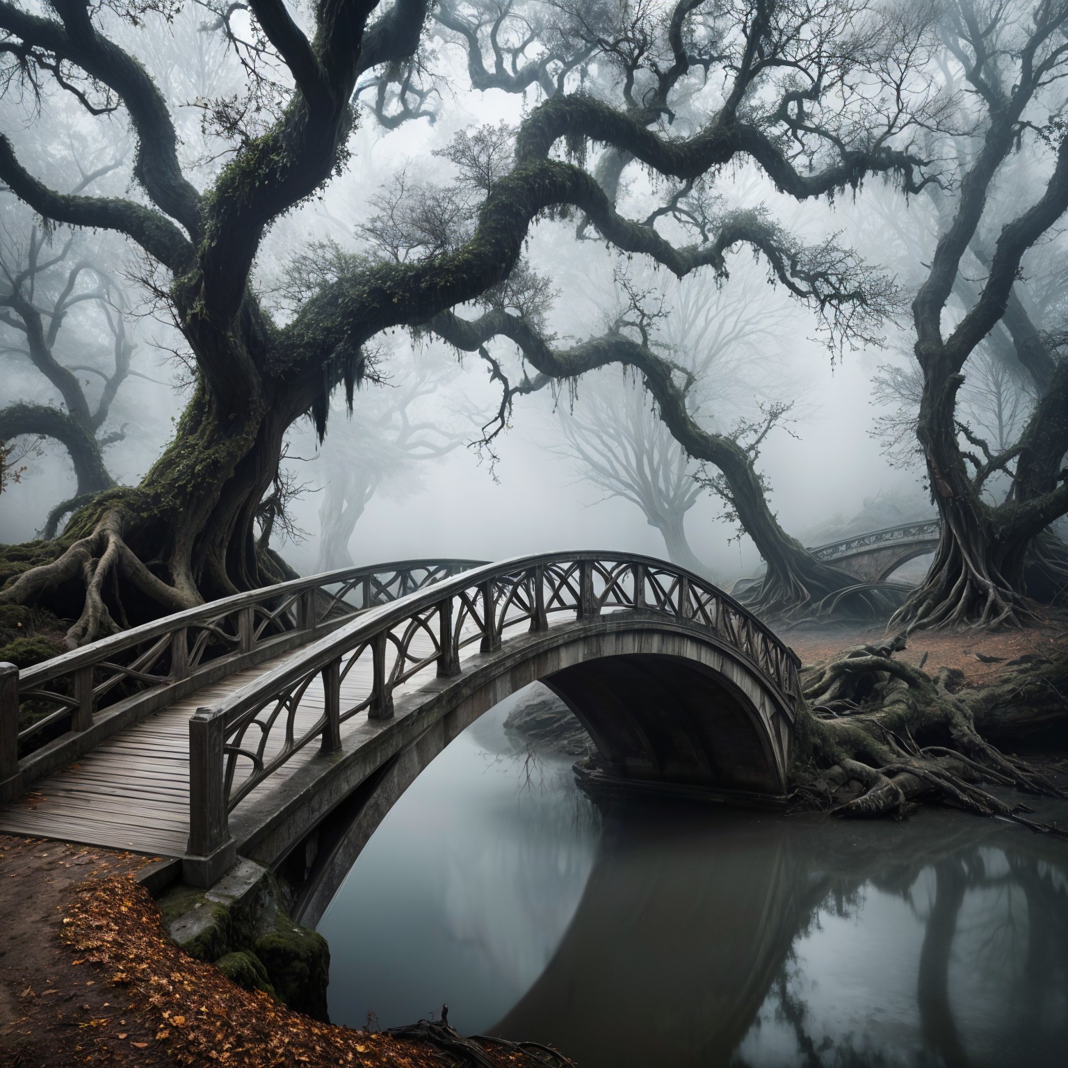 Mist-Covered Landscape with Arched Bridge and Gnarled Trees
