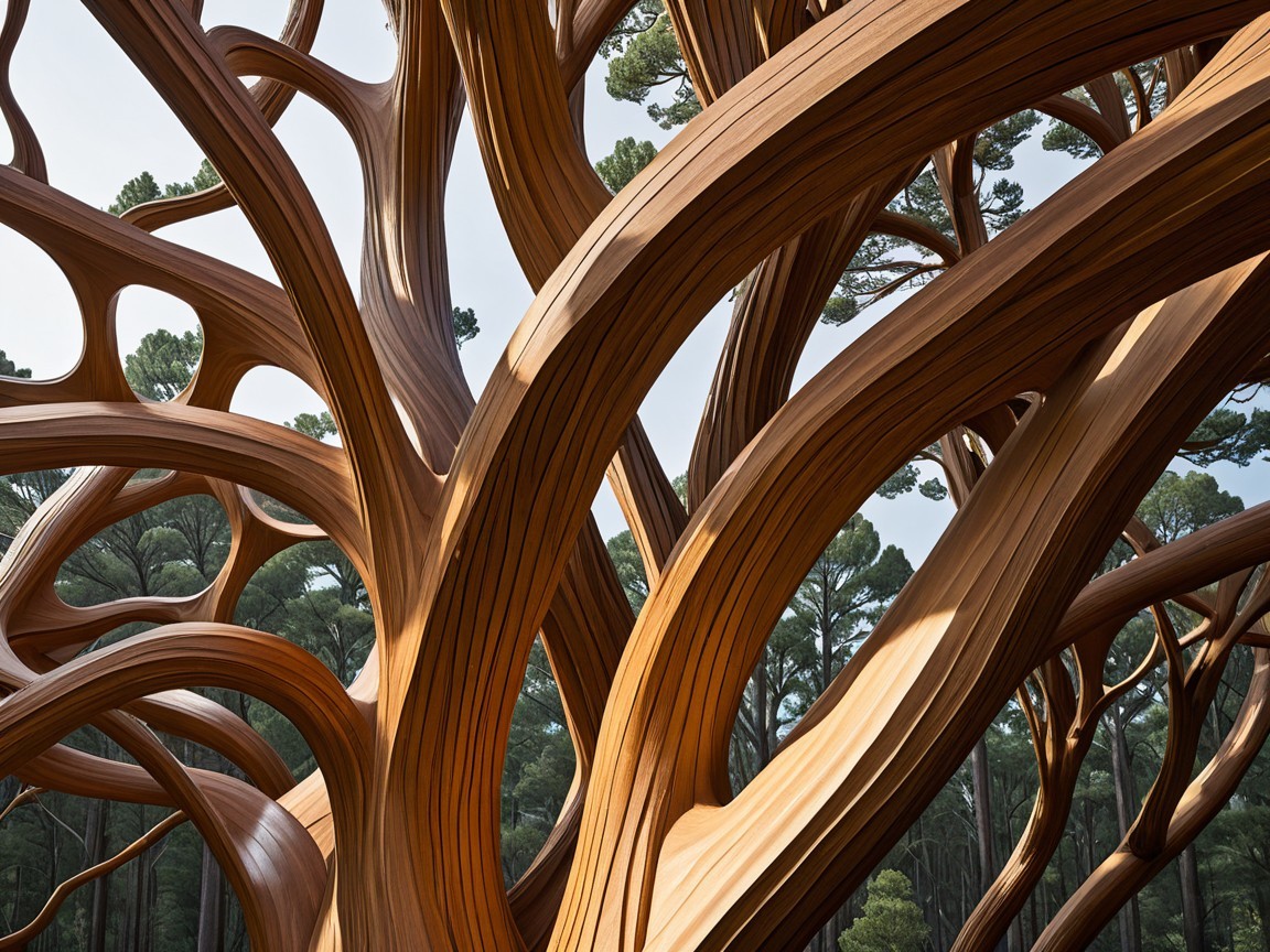 Intricate Wooden Branch Sculpture Surrounded by Foliage