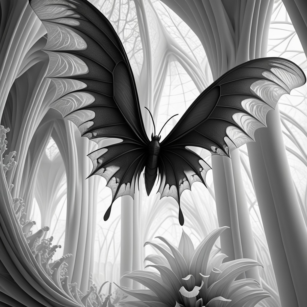 Black Butterfly in Surreal Monochromatic Landscape