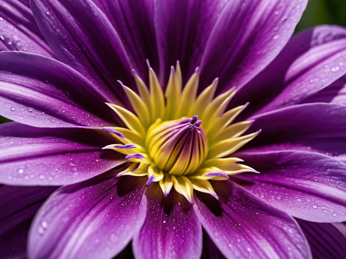 Vibrant Purple Flower with Golden Center and Raindrops