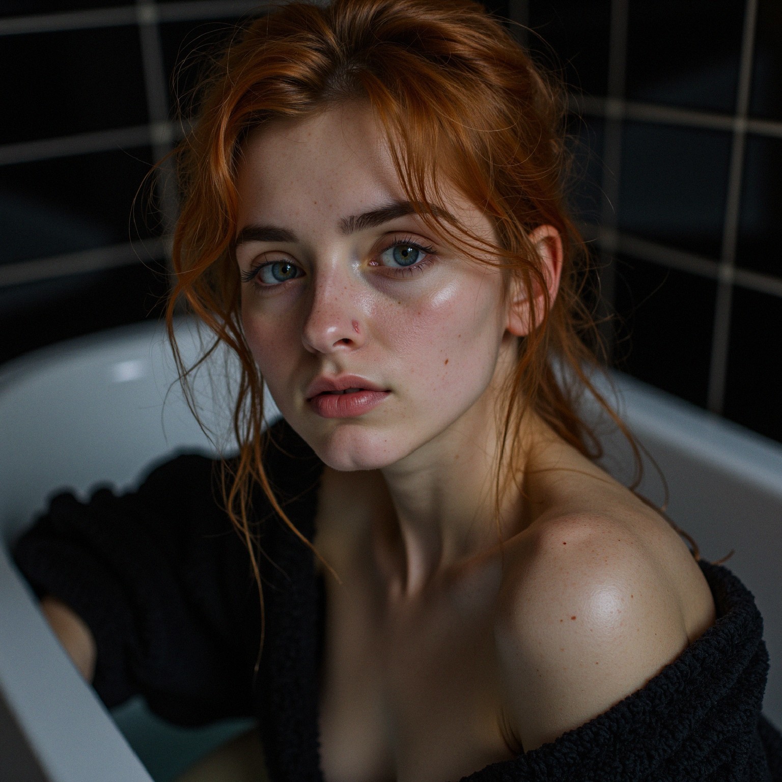 Young woman in bathtub with wavy red hair and blue eyes
