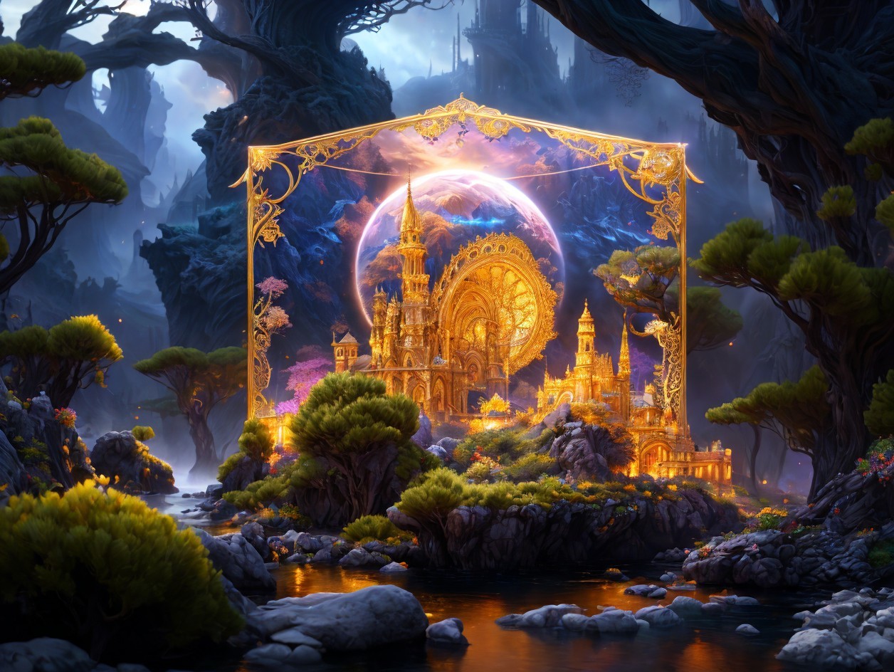 Mystical Landscape with Golden Castle and Ethereal Light