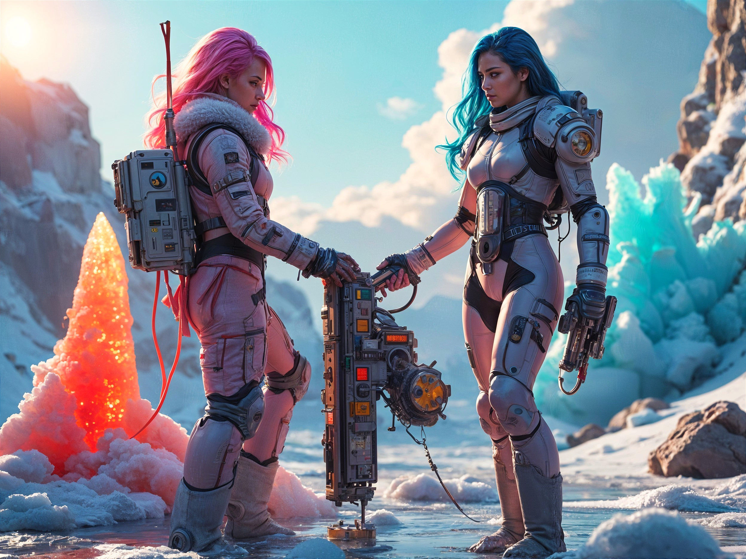 Futuristic Figures in Mystical Icy Landscape with Crystals