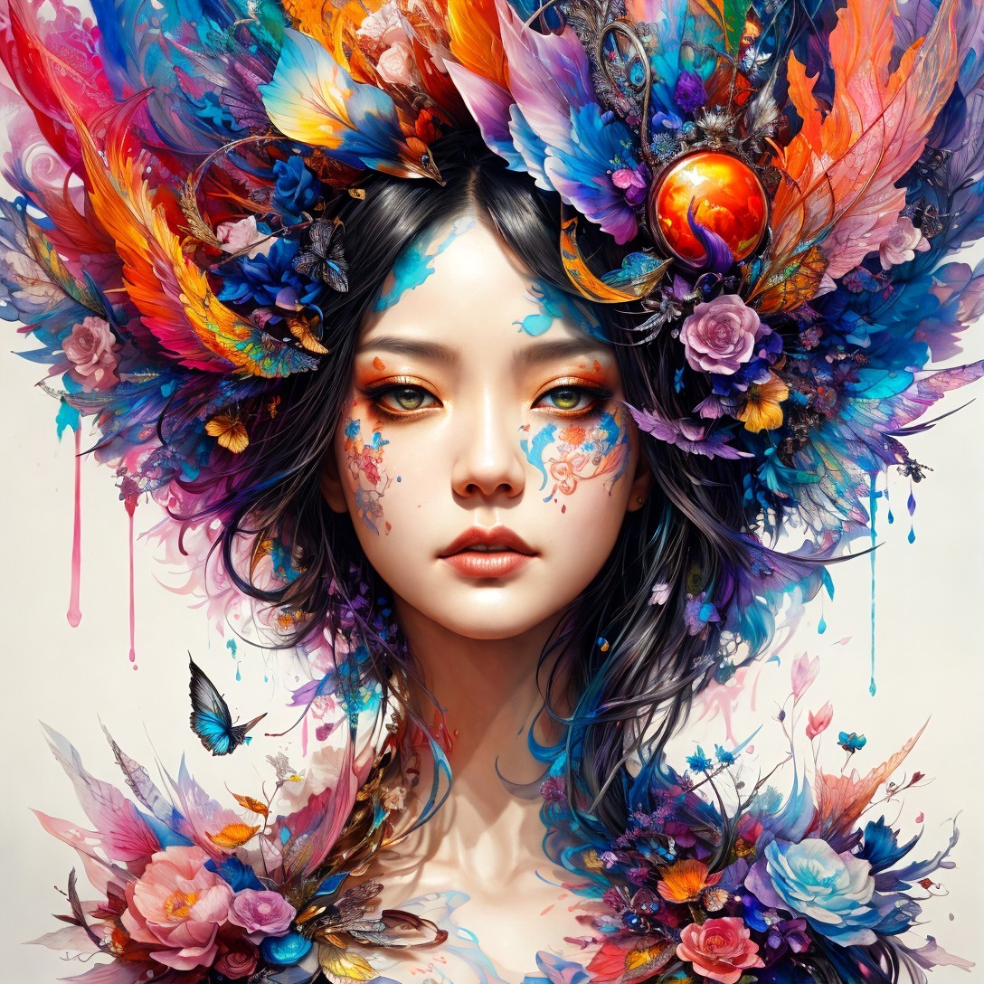 Portrait of a woman with feathers and colorful flowers