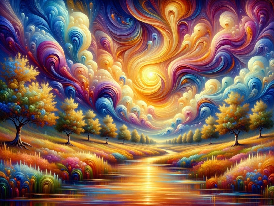 Vibrant Landscape with Colorful Sky and Reflective River