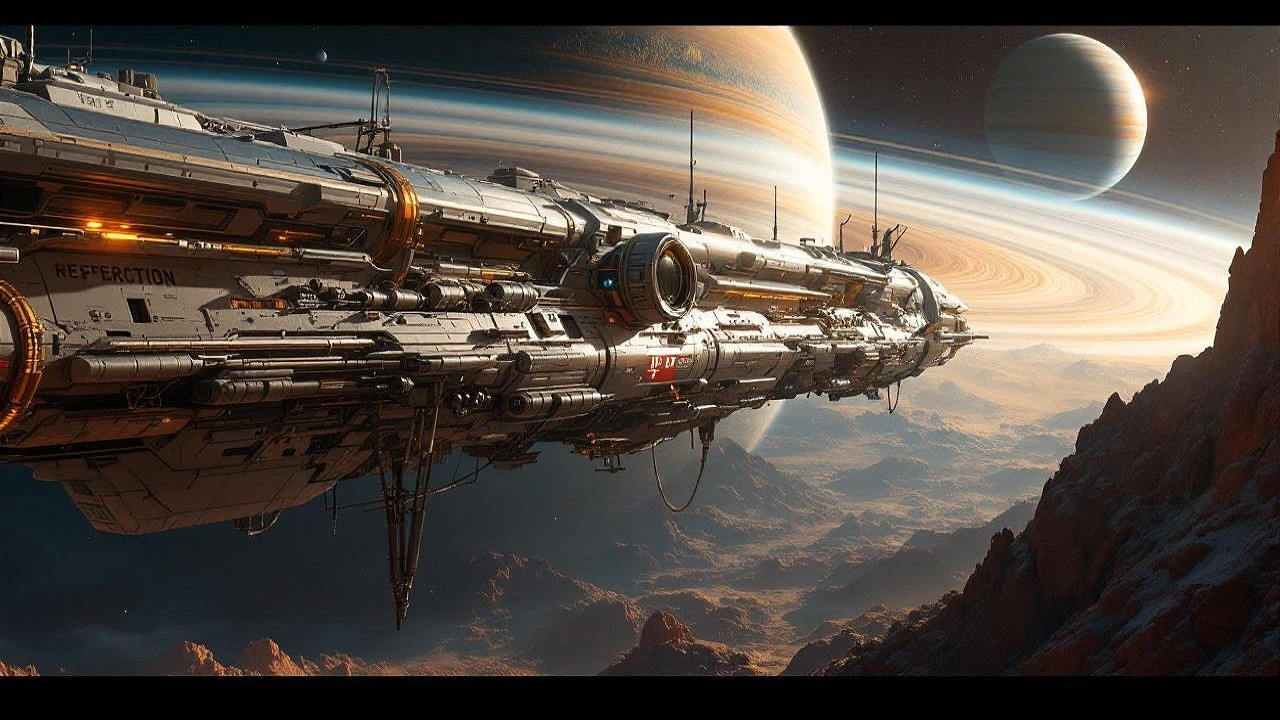 Massive spacecraft near rocky landscape with gas giant