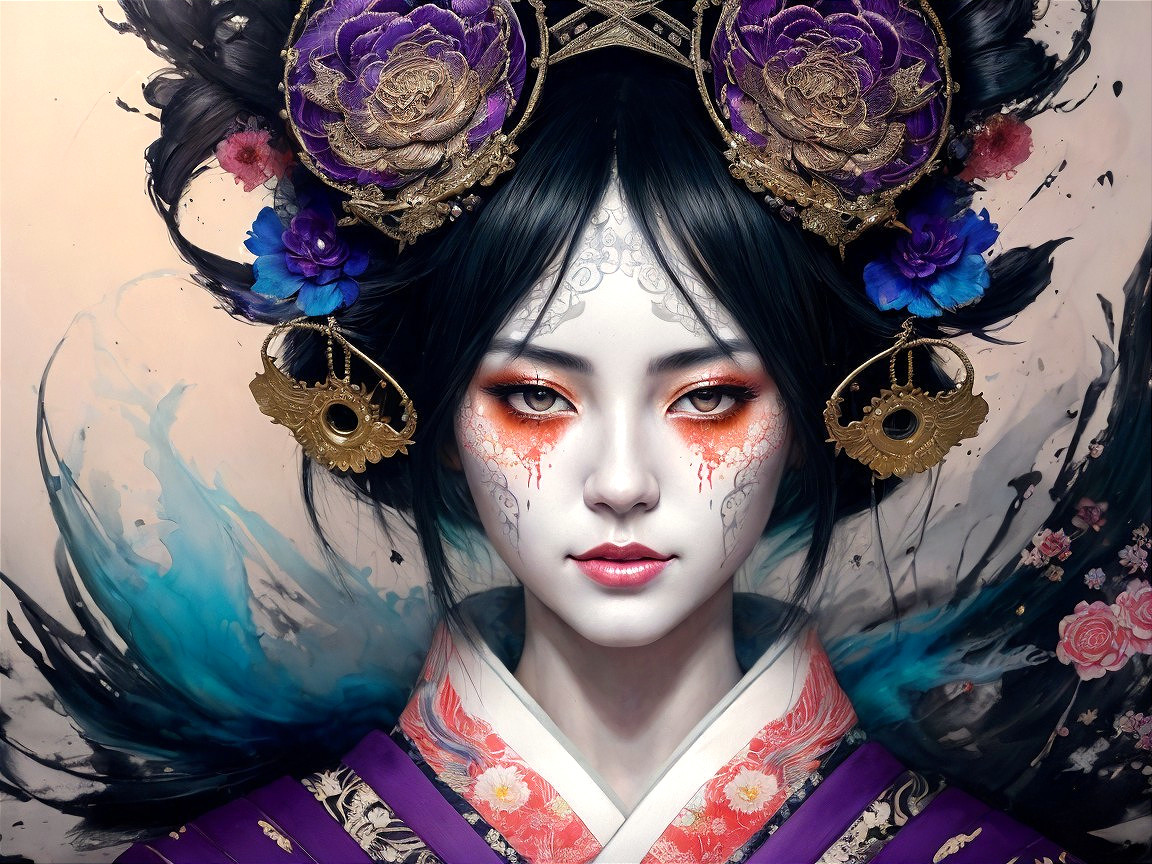 Stunning Woman in Traditional Kimono with Floral Makeup