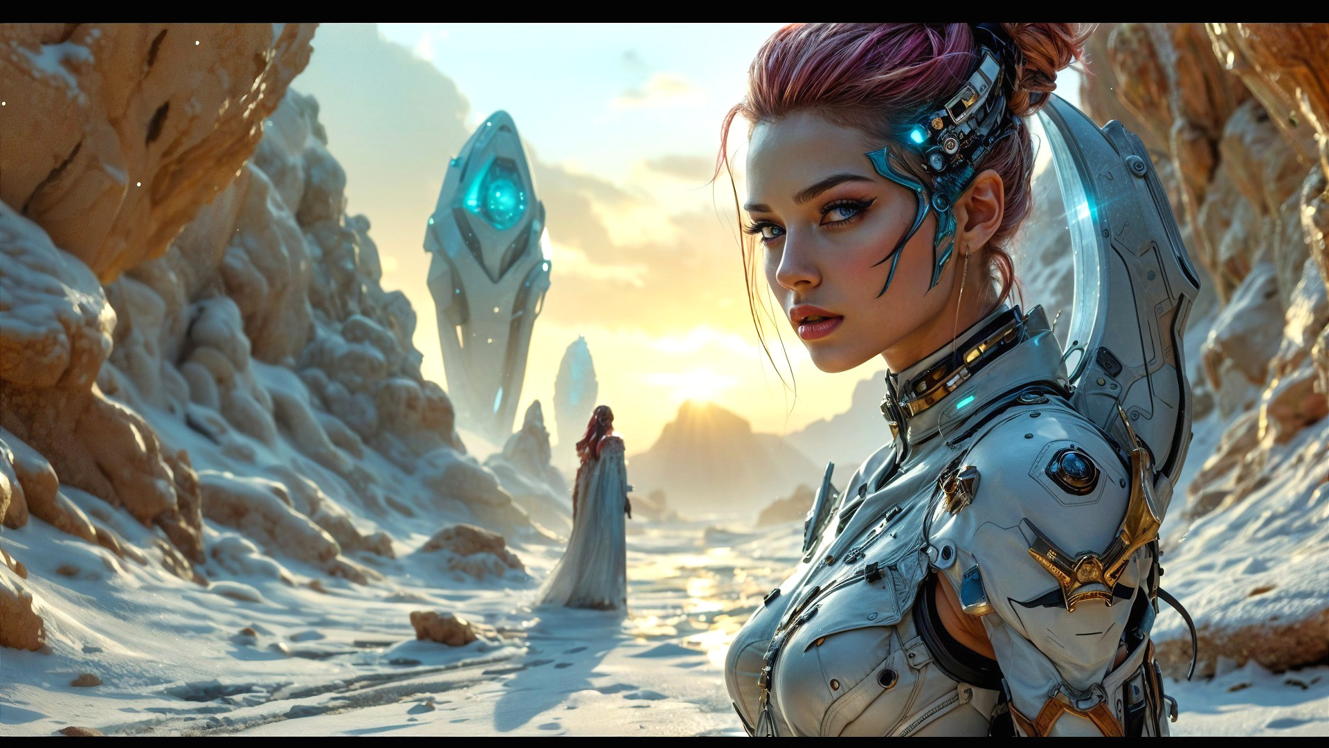 Futuristic landscape with armored figure in snowy terrain