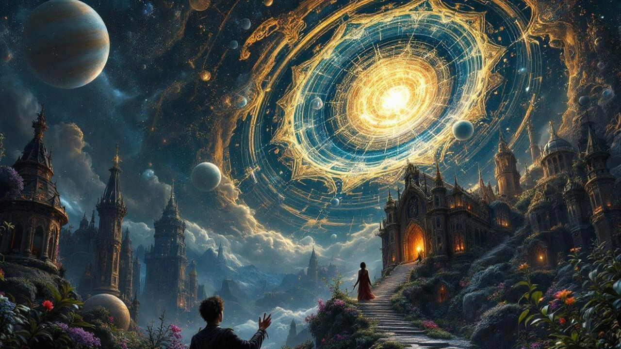 Majestic castle with cosmic vortex and vibrant gardens