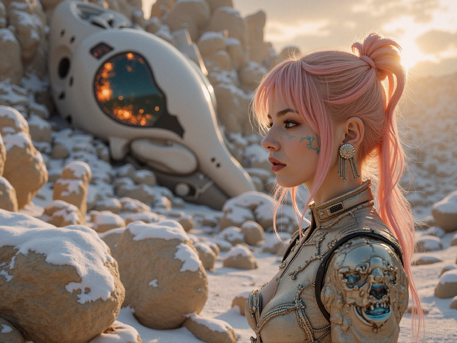 Surreal Landscape with Young Woman and Spaceship Structure