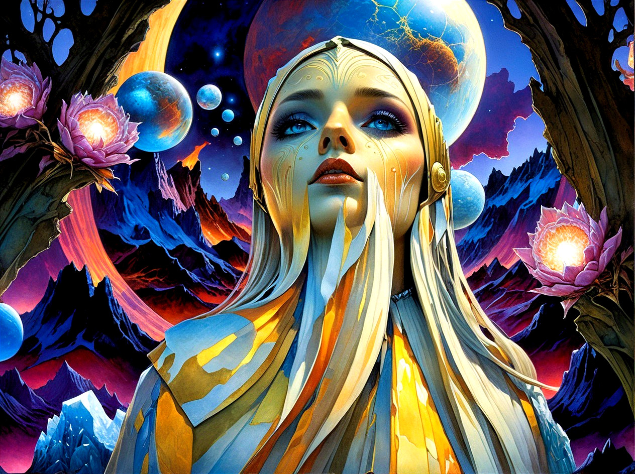 Ethereal figure in golden garment amid cosmic landscape