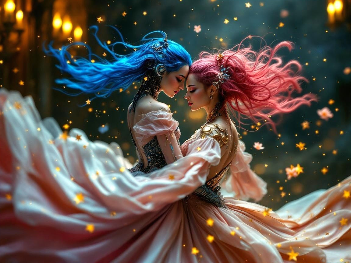 Ethereal figures dancing in a magical atmosphere