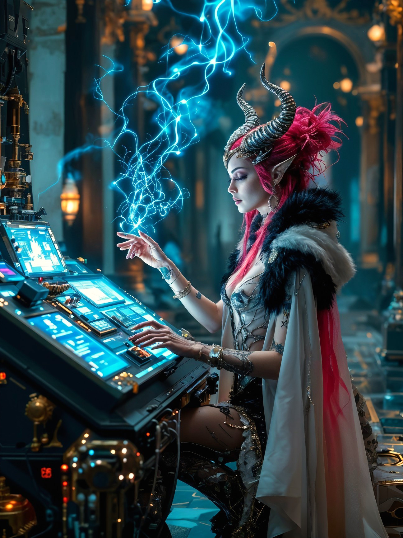 Fantasy figure with pink hair at high-tech control panel