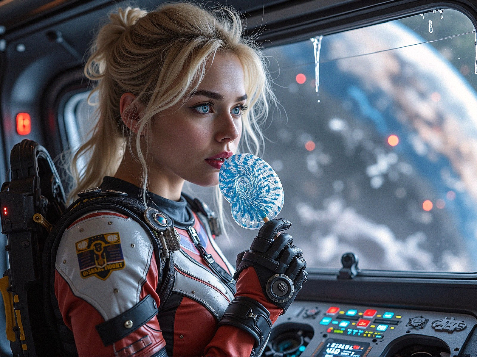 Young Woman in Space Suit Gazing at Earth View