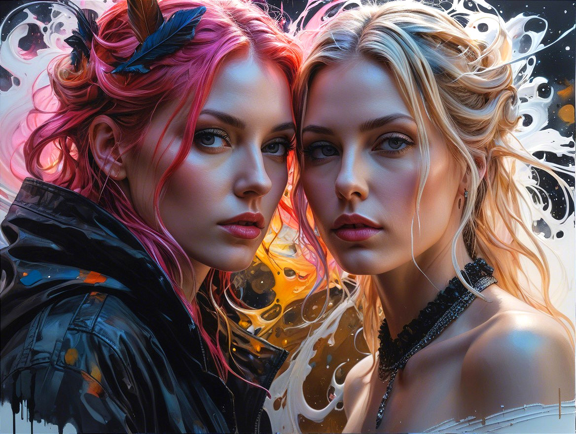 Two women with vibrant hair in an abstract color backdrop