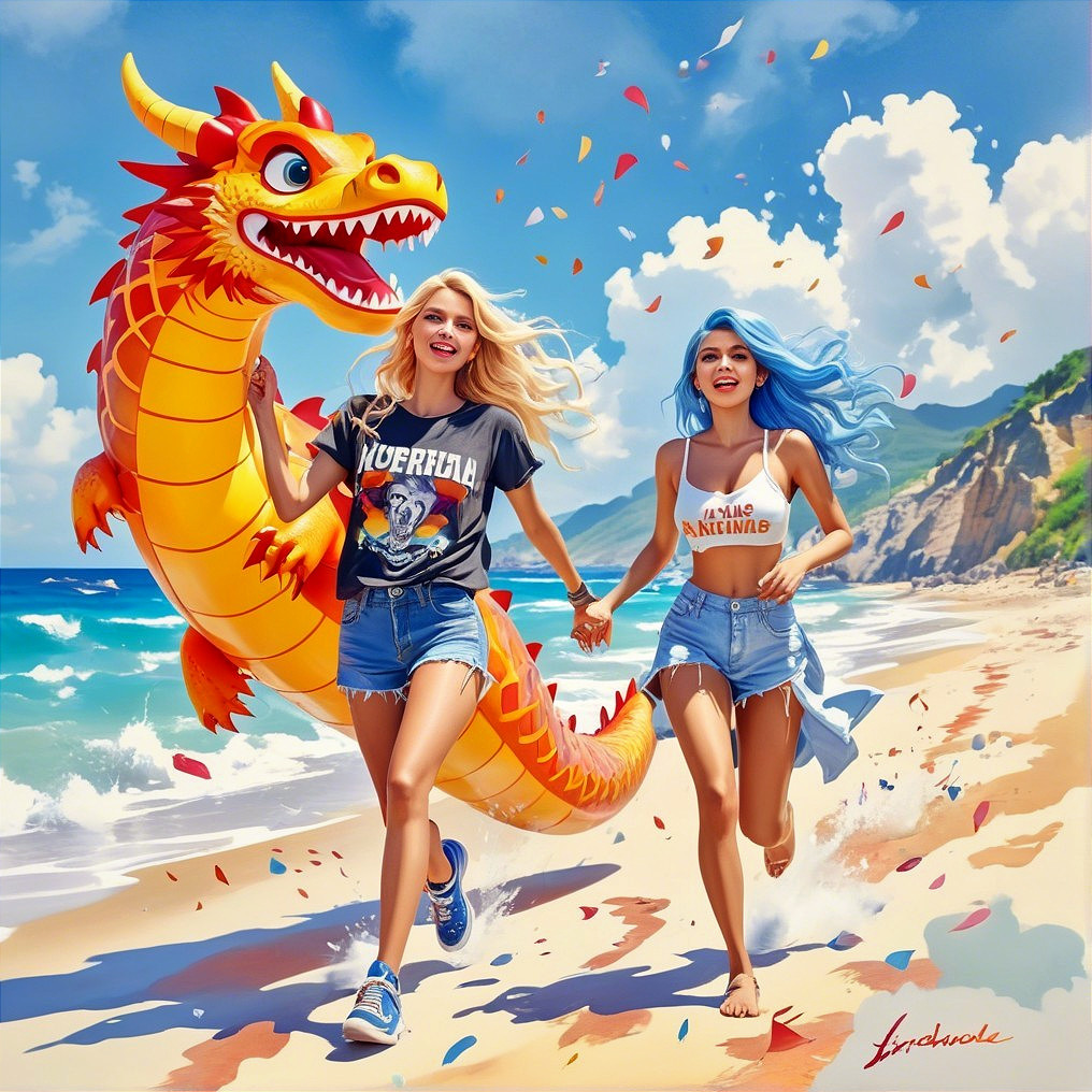 Young Women Running on a Sunny Beach with Inflatable Dragon