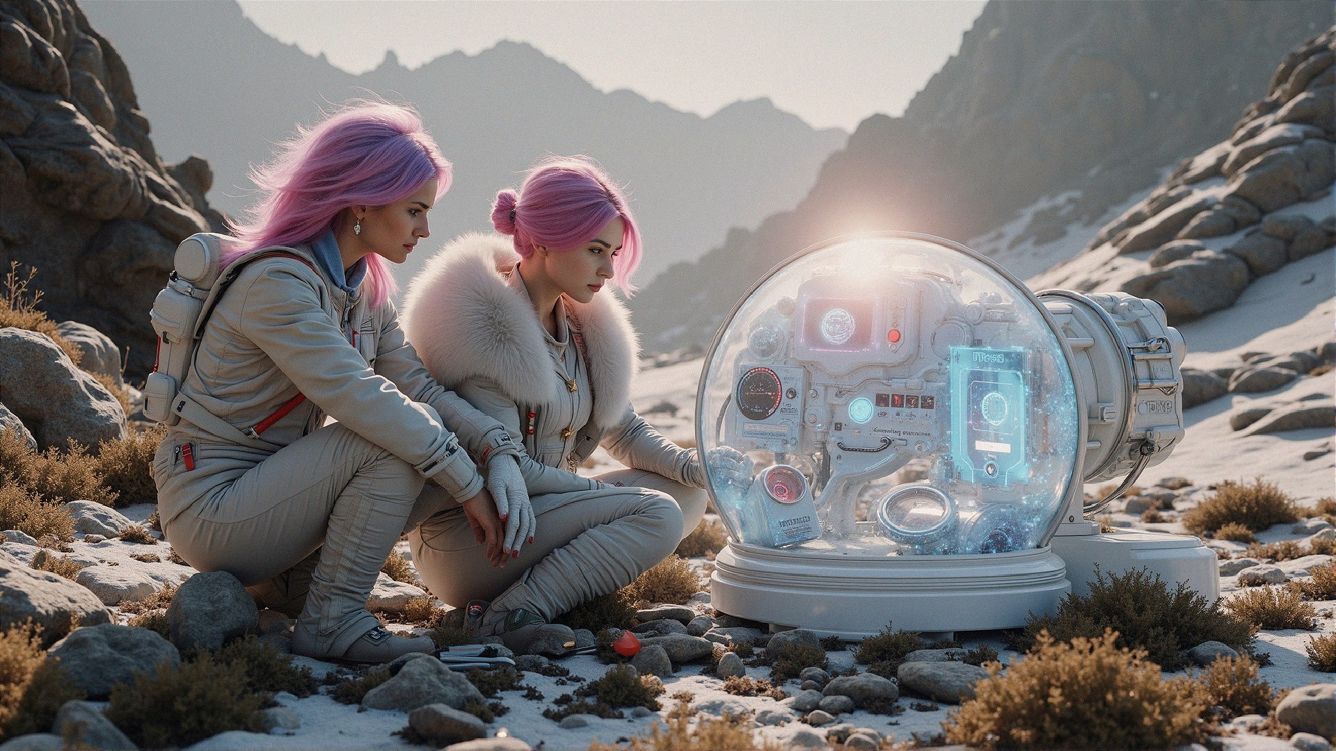 Futuristic Landscape with Women and High-Tech Capsule