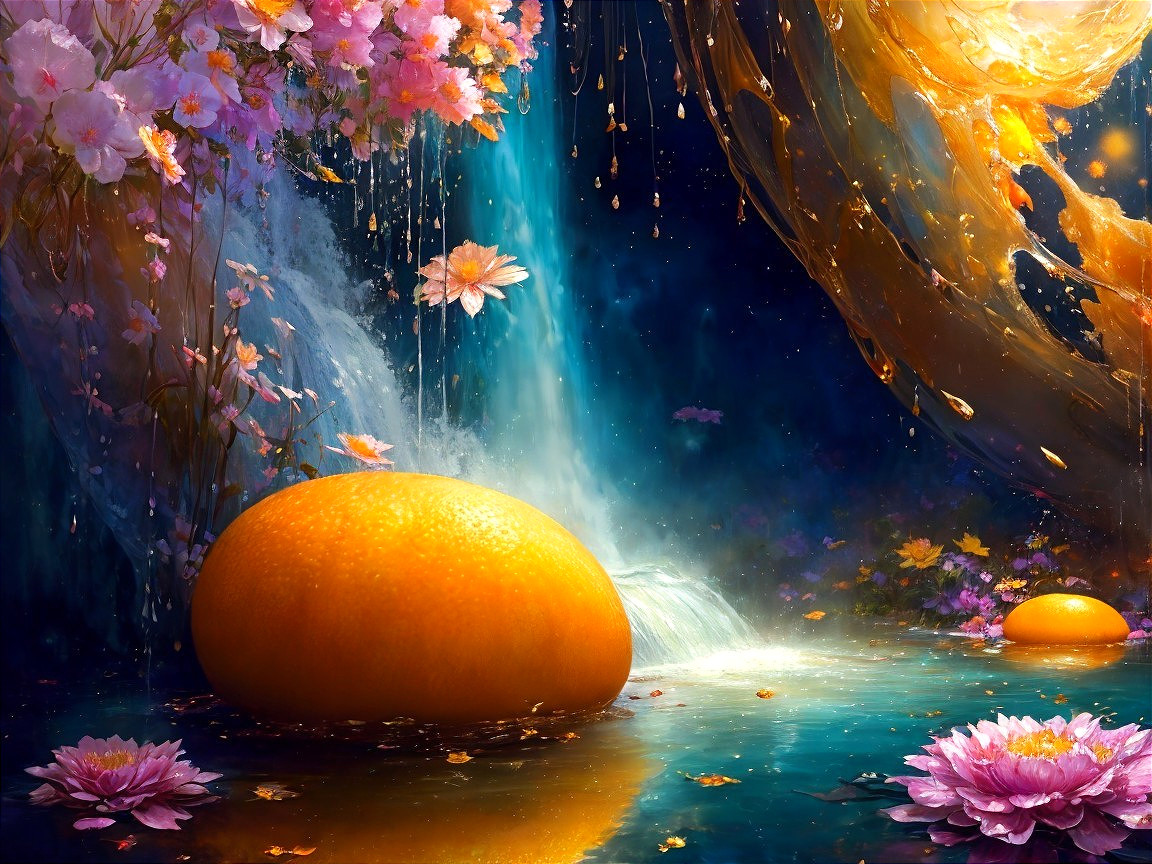 Surreal Landscape with Orange Spheres and Waterfalls