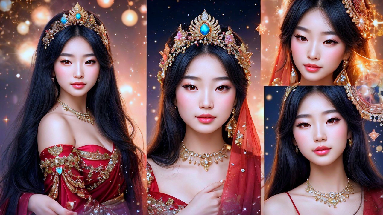 Collage of a Woman in Red with Gold Jewelry and Stars