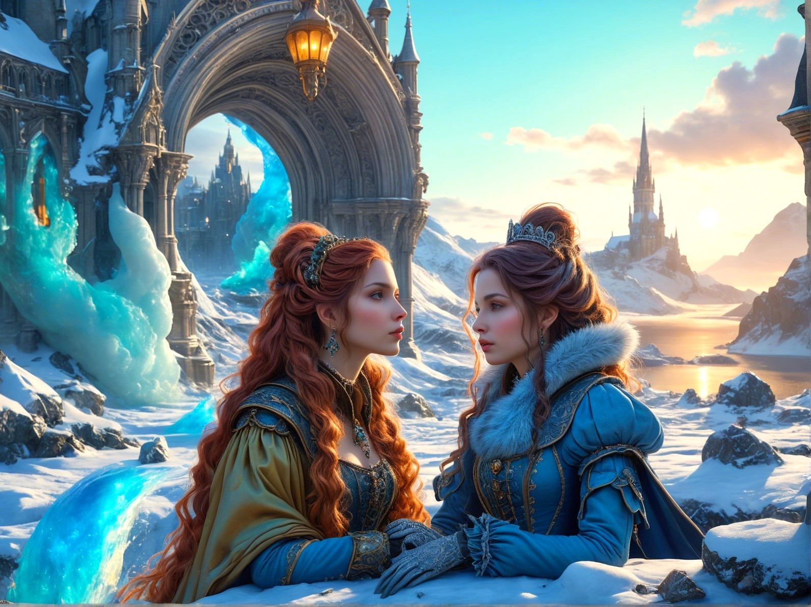 Elegant Women in a Magical Winter Landscape Scene