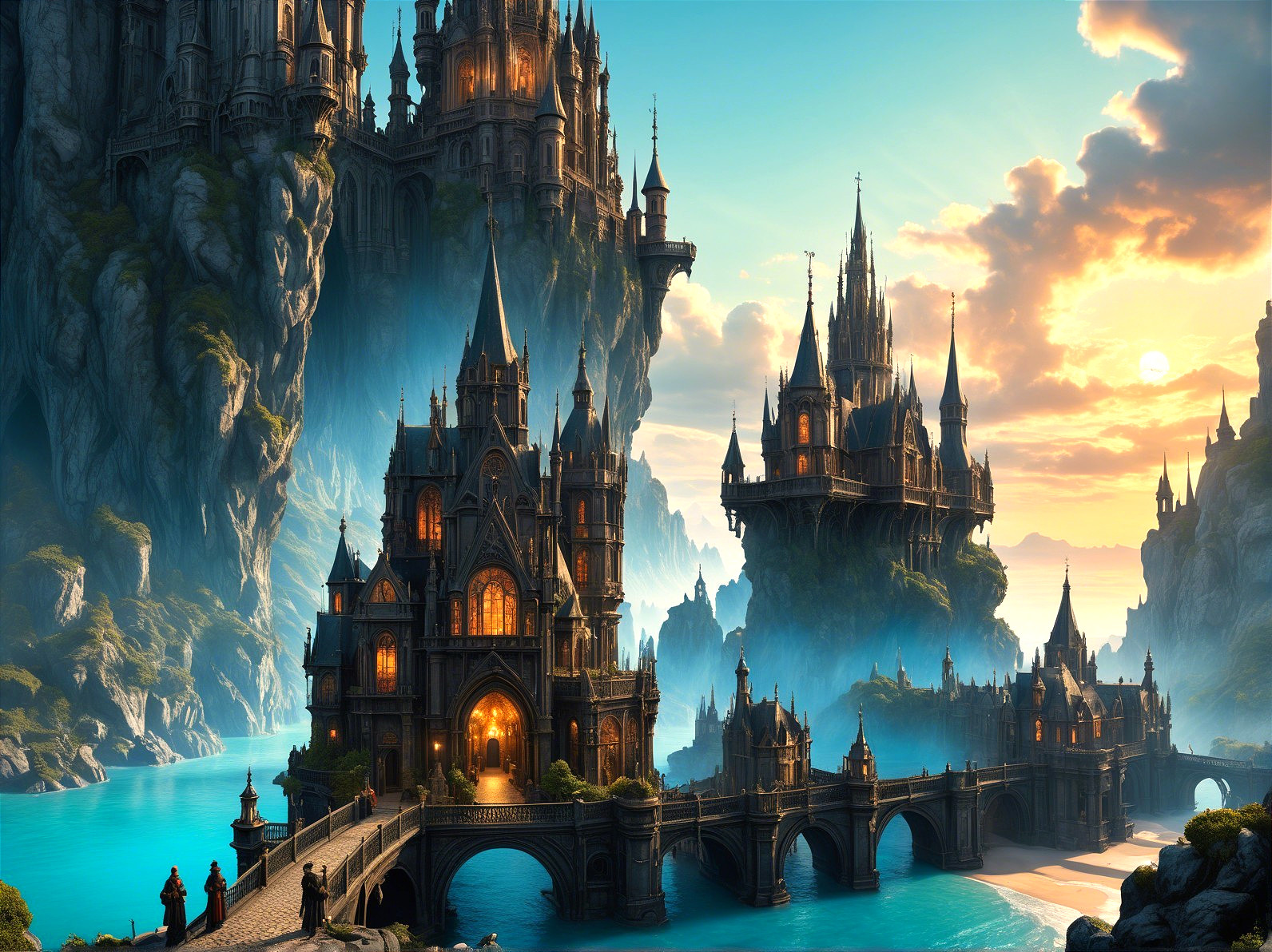 Fantasy Landscape with Castles and Sunset Reflections