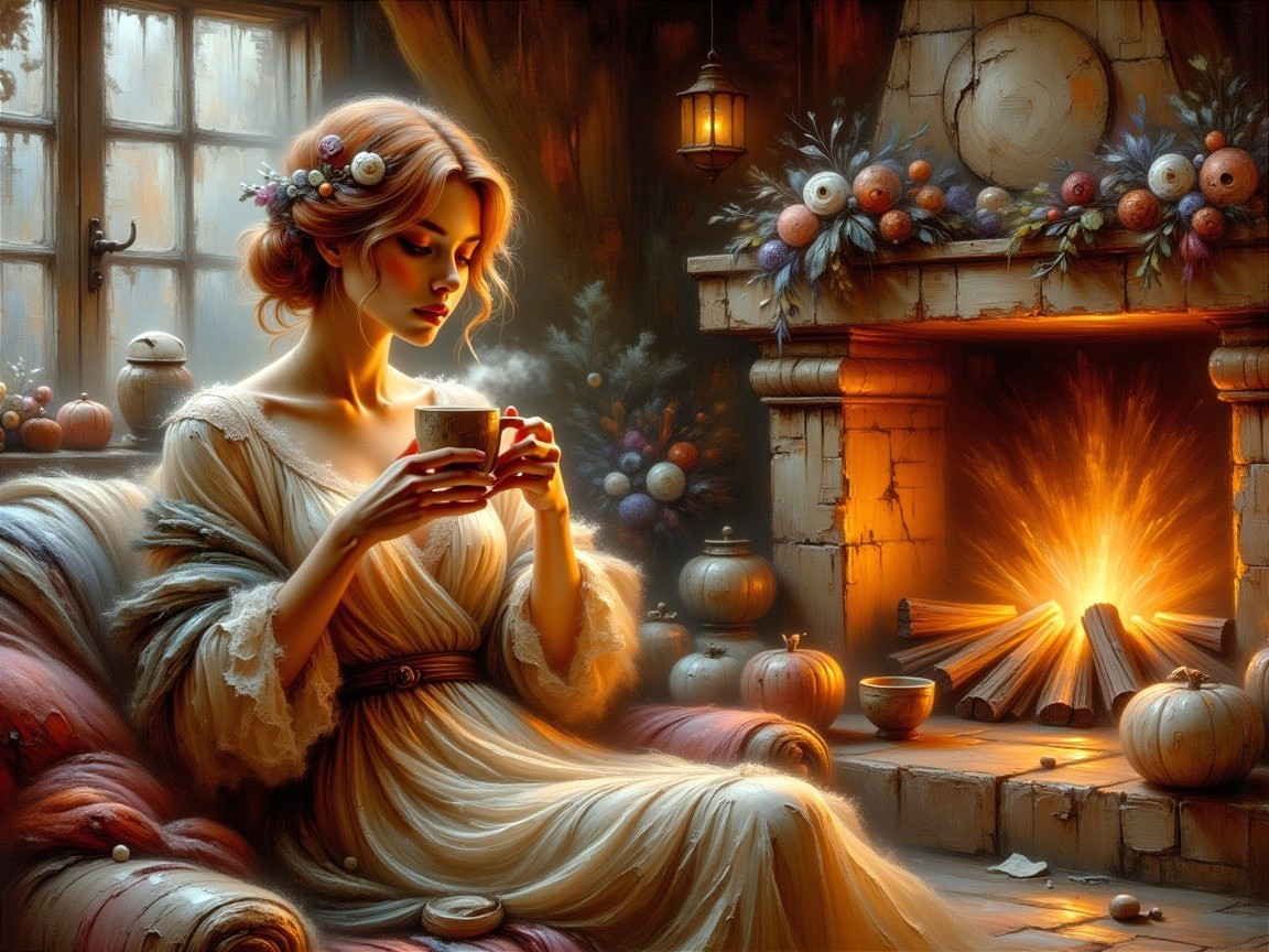 Serene Young Woman in Cozy Autumn Room Setting