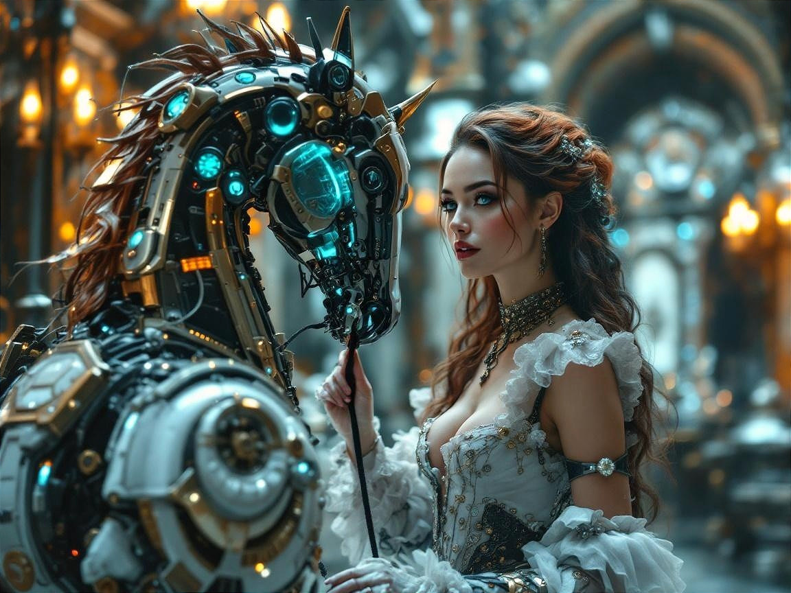 Steampunk Scene with Woman and Robotic Horse