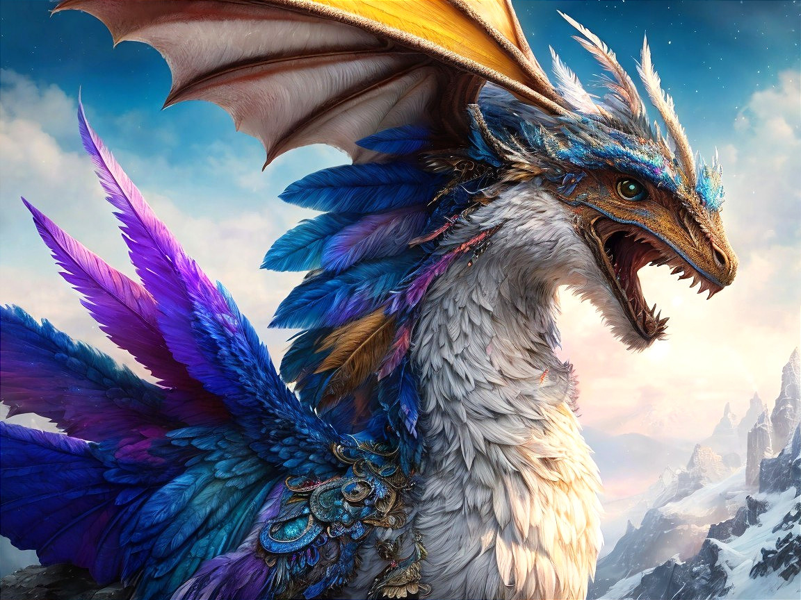 Majestic Dragon with Iridescent Feathers and Mountains