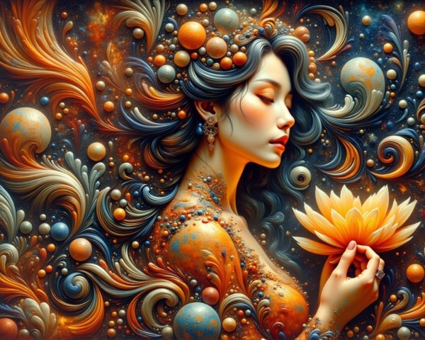 Serene Woman with Patterns and Celestial Orbs