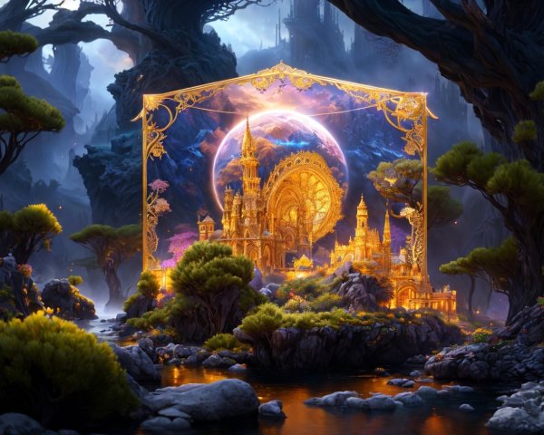 Mystical Landscape with Golden Castle and Ethereal Light