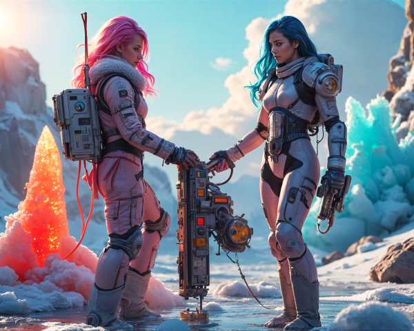 Futuristic Figures in Mystical Icy Landscape with Crystals